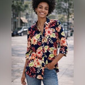 Talbots Tropical Floral Button Down Blouse – Navy Statement Top L Petite Coastal